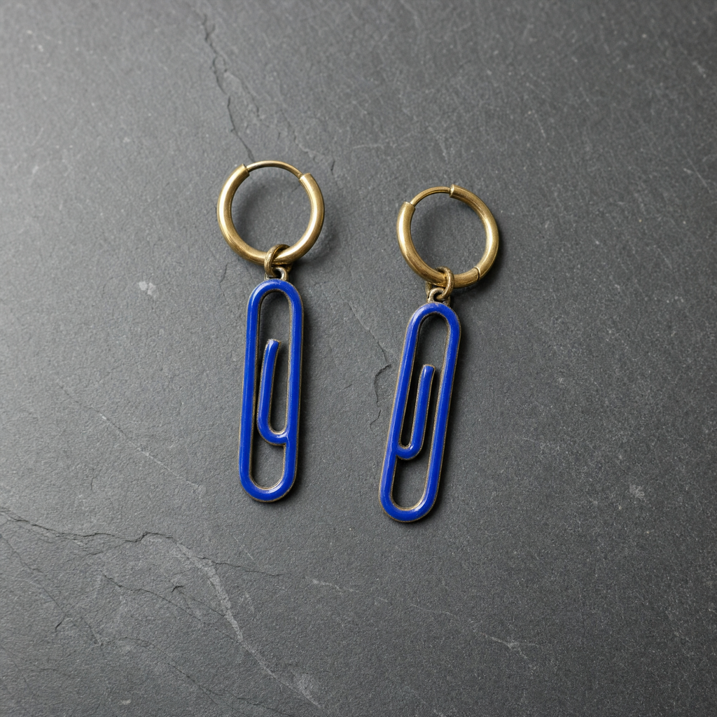 A pair of cobalt blue enamelled brass paperclip charm earrings on dark slate