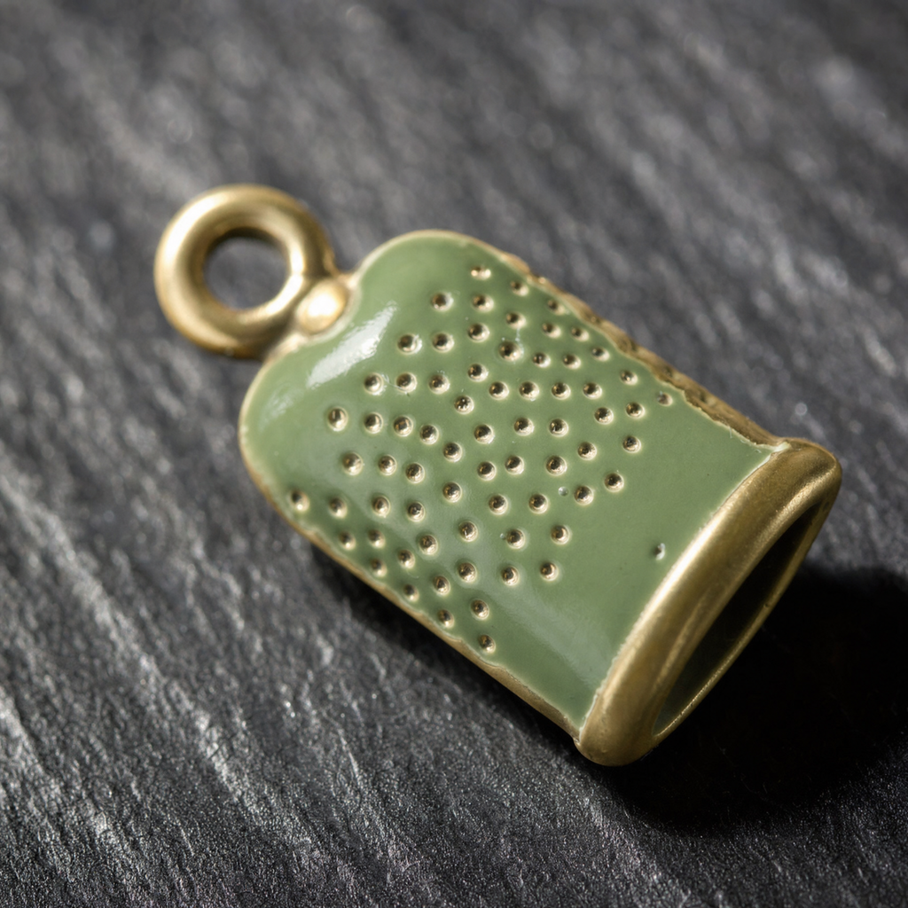 Macro detail of the sage enamel and pressed dimples on a brass thimble charm